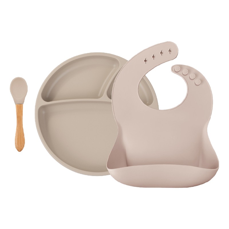 MINIKOIOI SET BEBE EN SILICONE : ASSIETTE BAVOIR CUILLERE BEIGE REF :  101070023 – MESAYOU